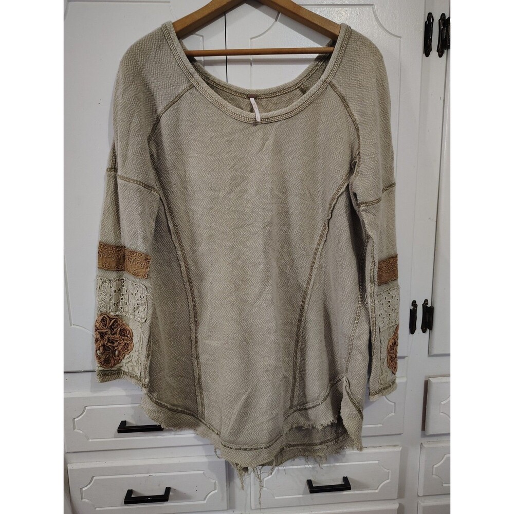 Free People Womens Beige Embroidered Lace Crochet Raw Hem Boho Tunic Top Medium